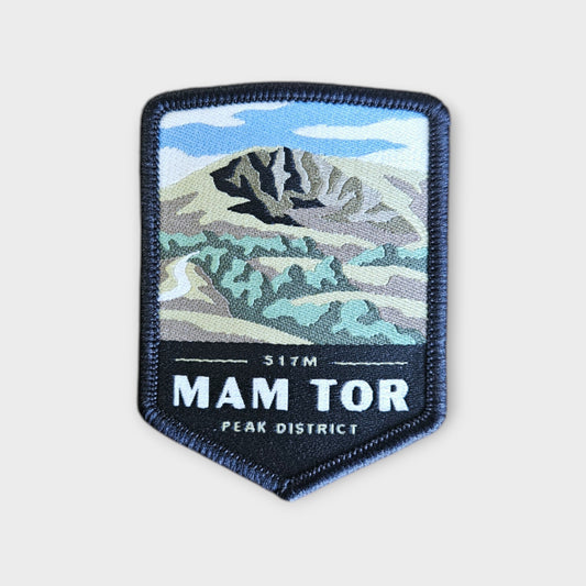 Mam Tor depicted on a hiking patch with a grey background